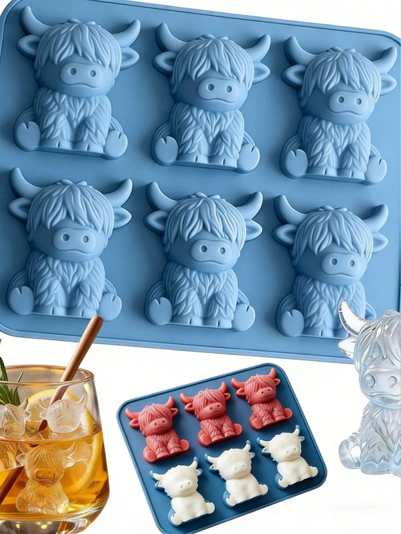 1pc Highland Cow Silicone Ice Cube Tray, 3D Cute Cow Shaped Silicone Ice Mold, Suitable For Whiskey, Cocktails And Baking, Silicone Mold Also Suitable For Easter And Holiday Decorations, Party Supplies, Kitchen Decor, Holiday Essential